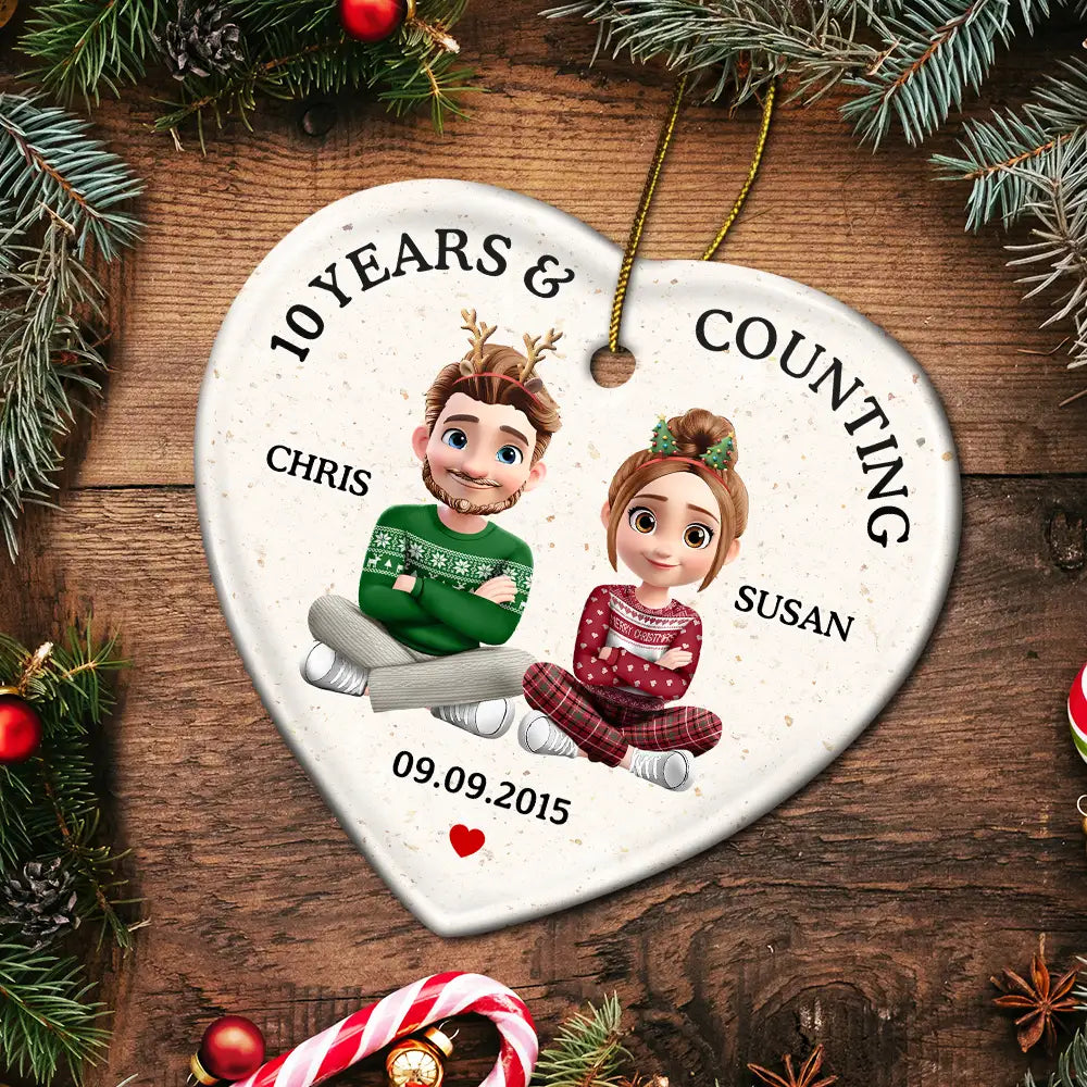 Love, Gift For Couples, Gift For Husband, Gift For Wife, Christmas, Wedding Anniversary, Married - Wedding Anniversary Many Years And Couting - Personalized Heart Ceramic Ornament