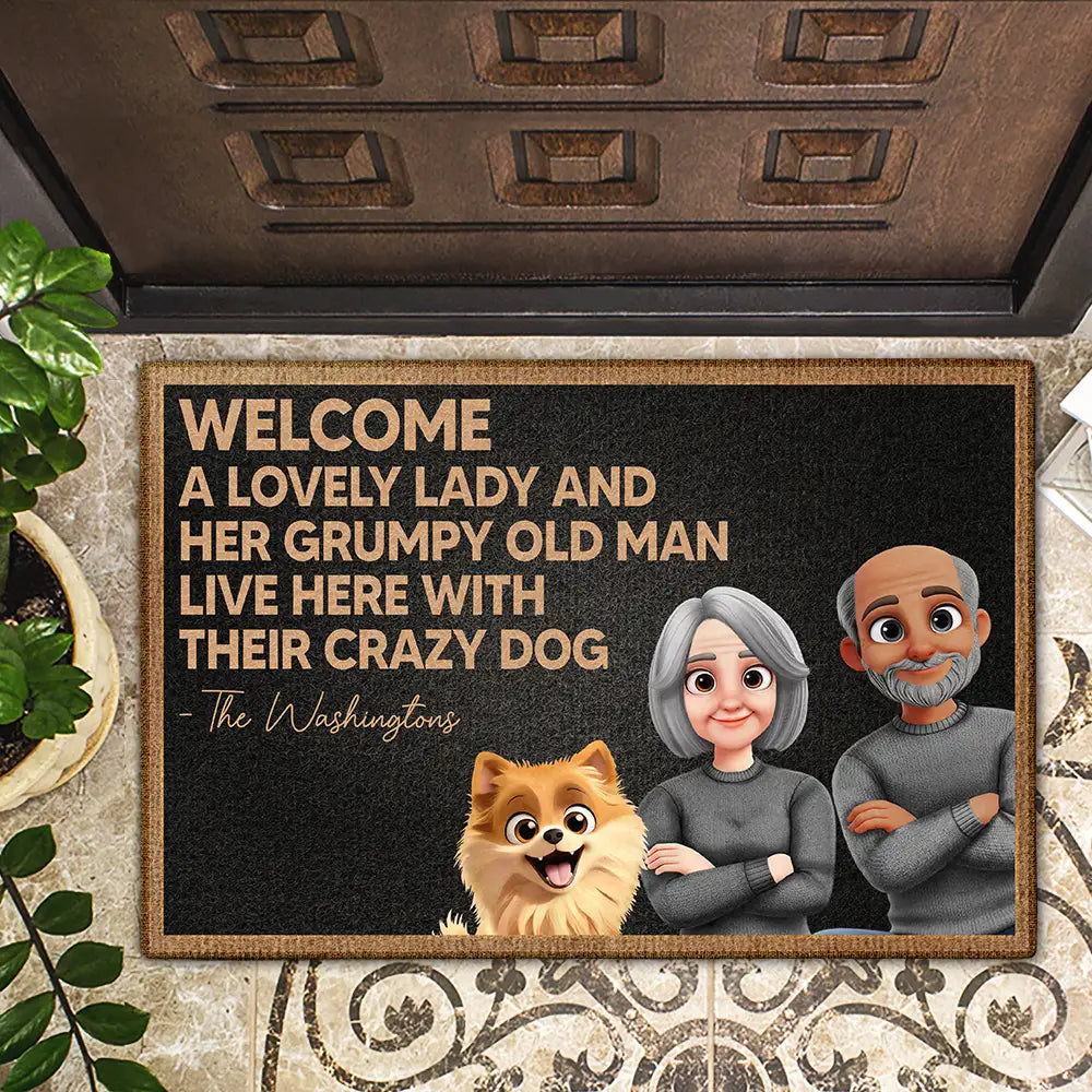 Gift For Couples,Old Couples,Gift For Husband,Gift For Wife,Dog Lovers,Dog Couple,Pet Lovers,Funny - Welcome A Lovely Lady And A Grumpy Old Man Live Here 3D Dog - Personalized Doormat