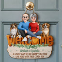 Gift For Couples,Old Couples,Funny,Gift For Husband,Gift For Wife,Dog Couple,Dog Lovers,Pet Lovers - Welcome A Lovely Lady And A Grumpy Old Man Live Here 3D Effect Dog - Personalized Custom Shaped Wood Sign