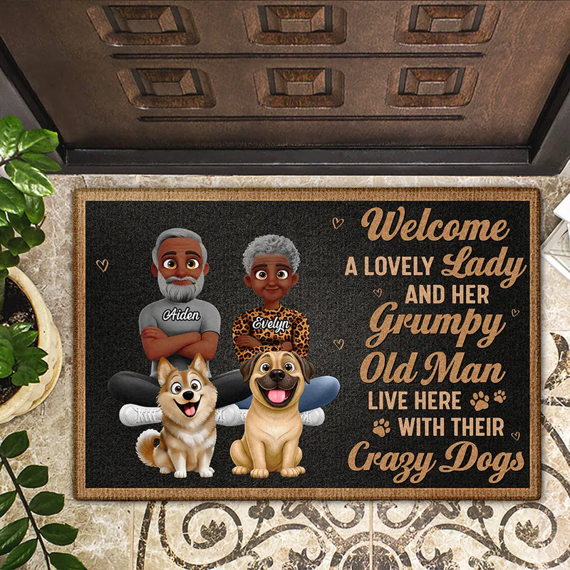 Gift For Couples,Old Couples,Gift For Husband,Gift For Wife,Dog Lovers,Dog Couple,Pet Lovers,Funny - Welcome A Lovely Lady And A Grumpy Old Man Live Here 3D Effect Dog - Personalized Doormat