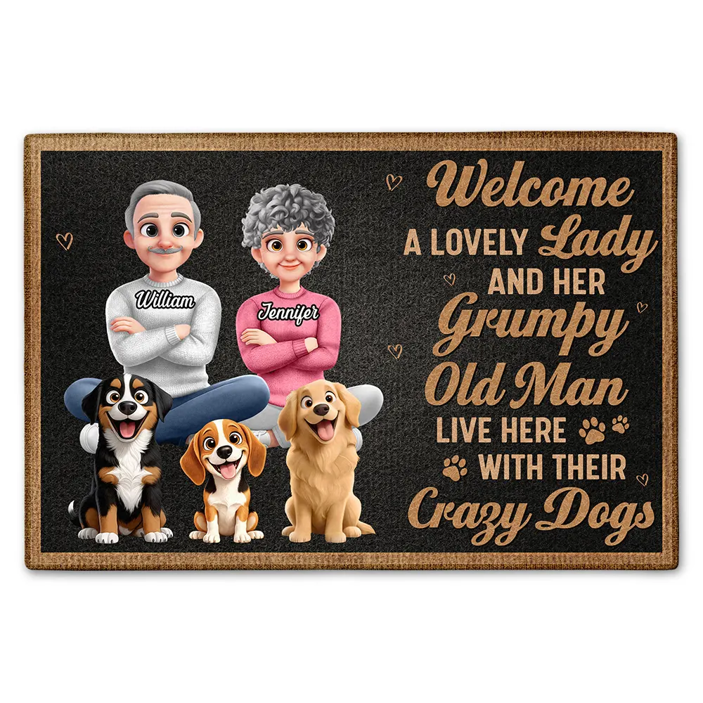 Welcome A Lovely Lady And A Grumpy Old Man Live Here 3D Effect Dog - Personalized Doormat