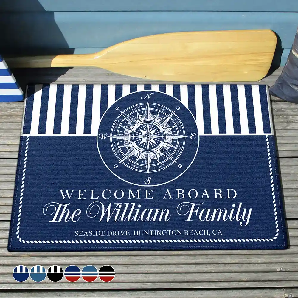 Family,Beach,Happy - Welcome Aboard Beach House Nautical Family - Personalized Doormat