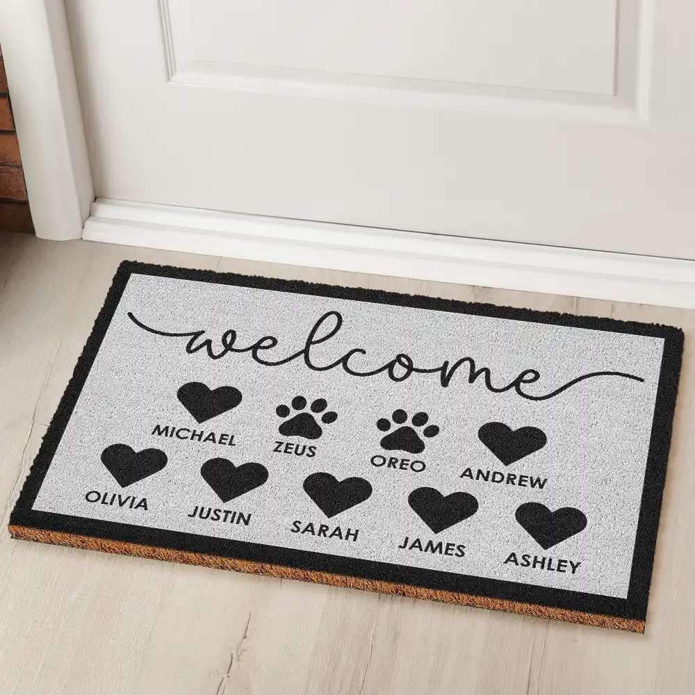 Family,Parents,Gift For Kids,Happy - Welcome Family Heart Pawprints - Personalized Coconut Doormat
