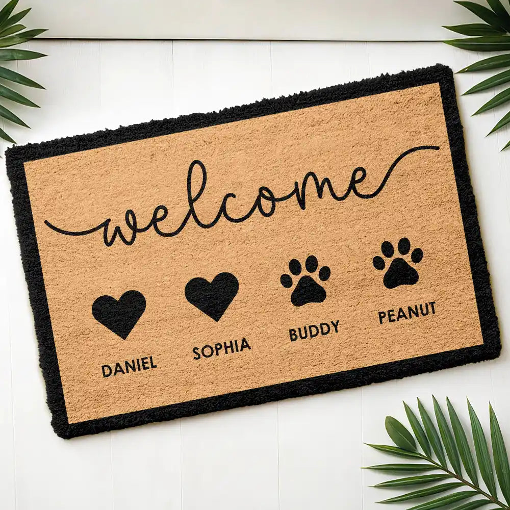 Welcome Family Heart Pawprints - Personalized Coconut Doormat
