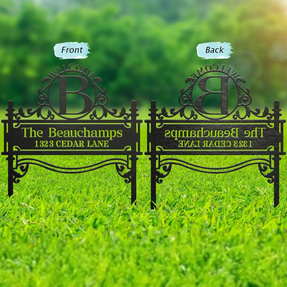 Family,Backyard - Welcome Family Name Monogram - Personalized Metal Garden Stake