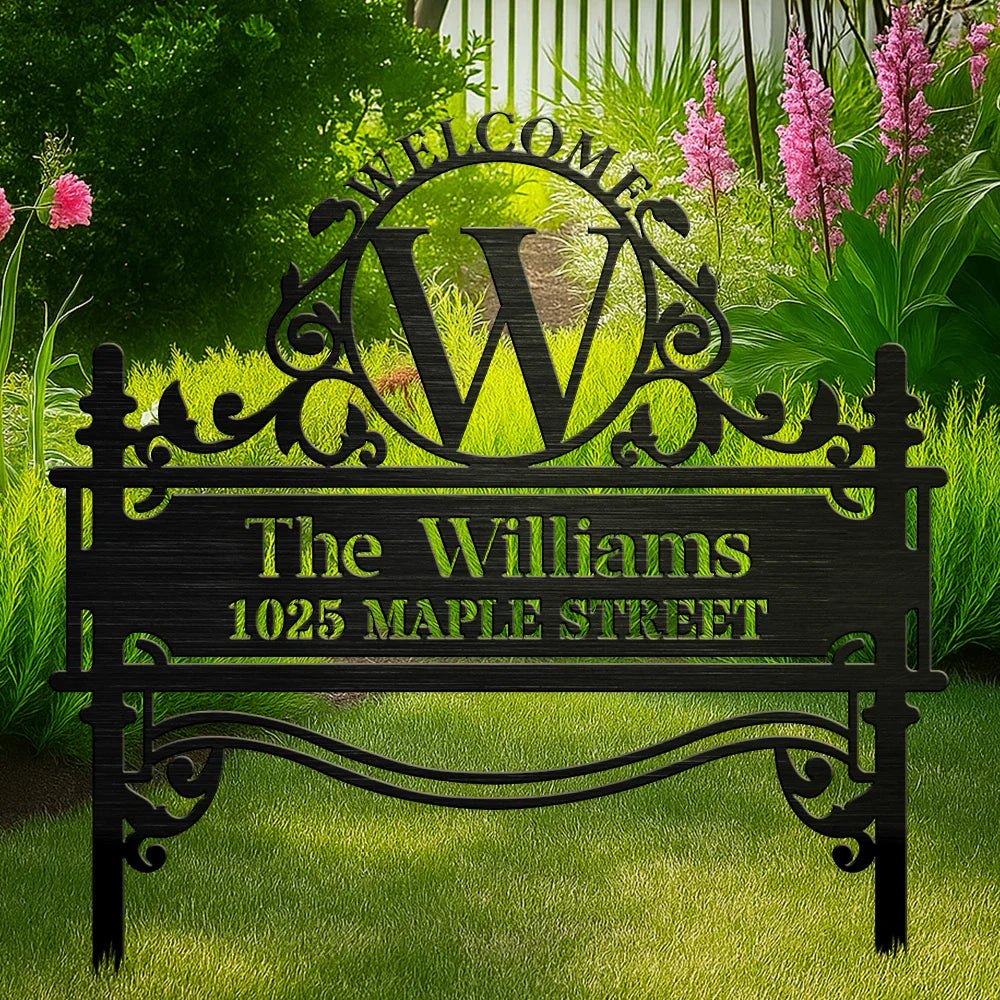 Family,Backyard - Welcome Family Name Monogram - Personalized Metal Garden Stake