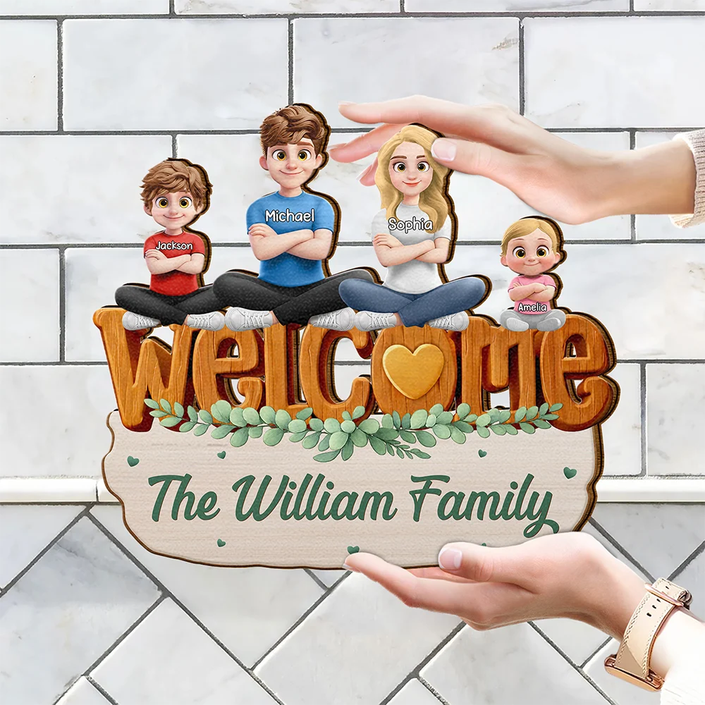 Parents,Gift For Grandparents,Family,Happy - Welcome Happy Family 3D Effect - Personalized Custom Shaped Wood Sign
