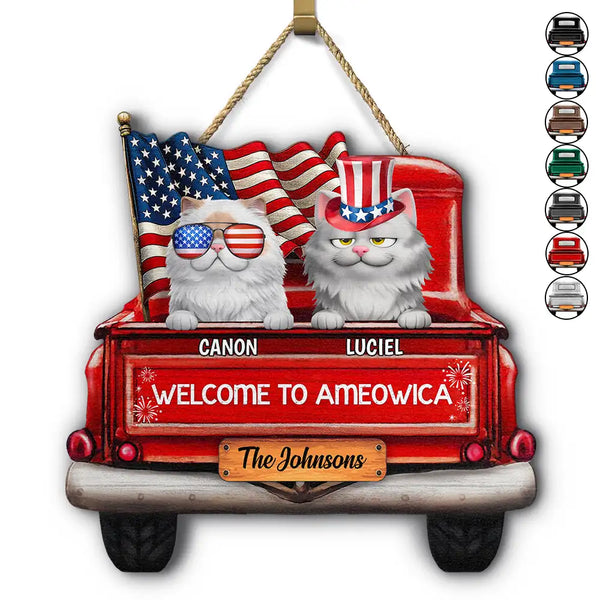 Cat Lovers, Cat Mom, America 250th, Independence Day, Funny - Welcome To Ameowica - Personalized Custom Shaped Wood Sign