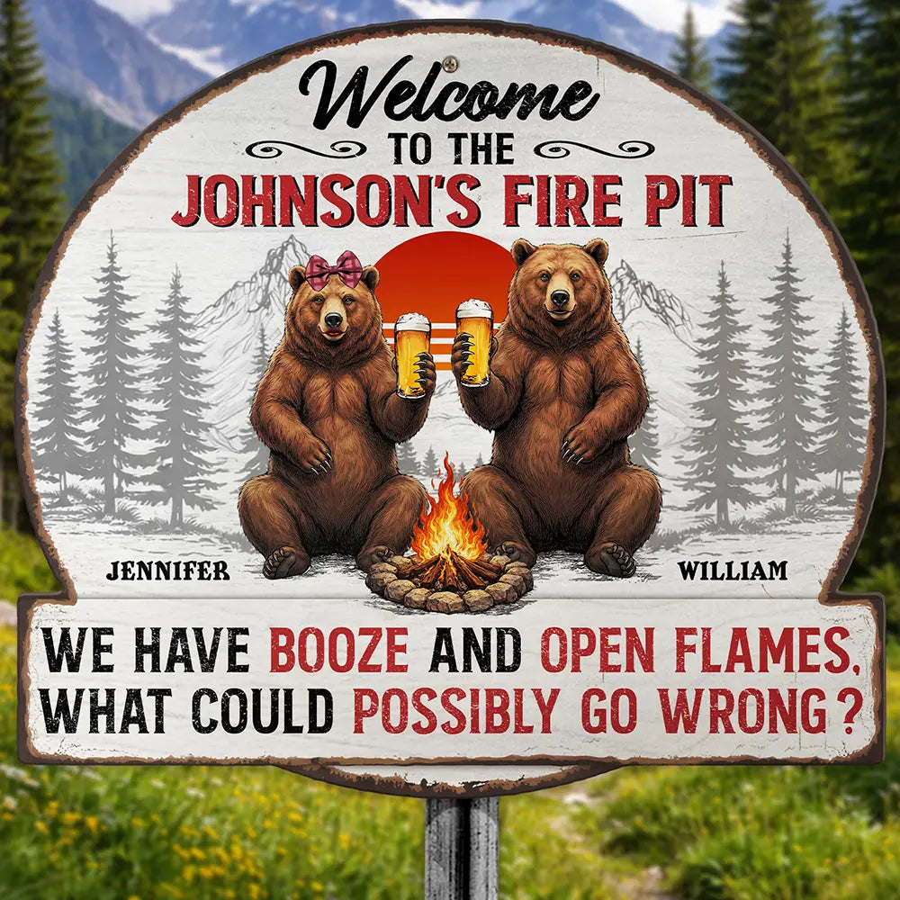 Welcome To Our Fire Pit Bear Couple - Personalized Custom Shaped Metal Sign