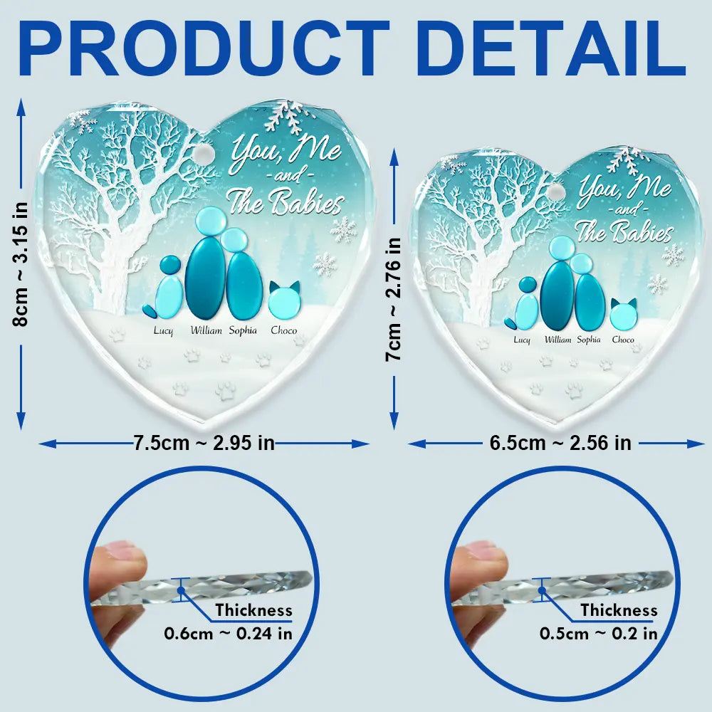 Pet Lovers, Pet Couple, Dog Lovers, Dog Couple, Cat Lovers, Cat Couple, Christmas, Love - Winter You Me And The Dog Cat - Personalized Heart Shaped Glass Ornament