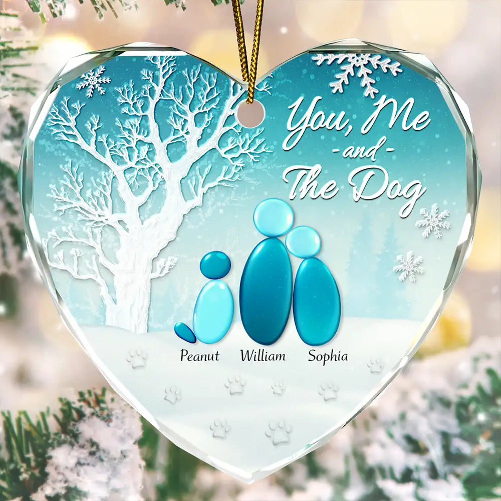 Winter You Me And The Dog Cat - Personalized Heart Shaped Glass Ornament