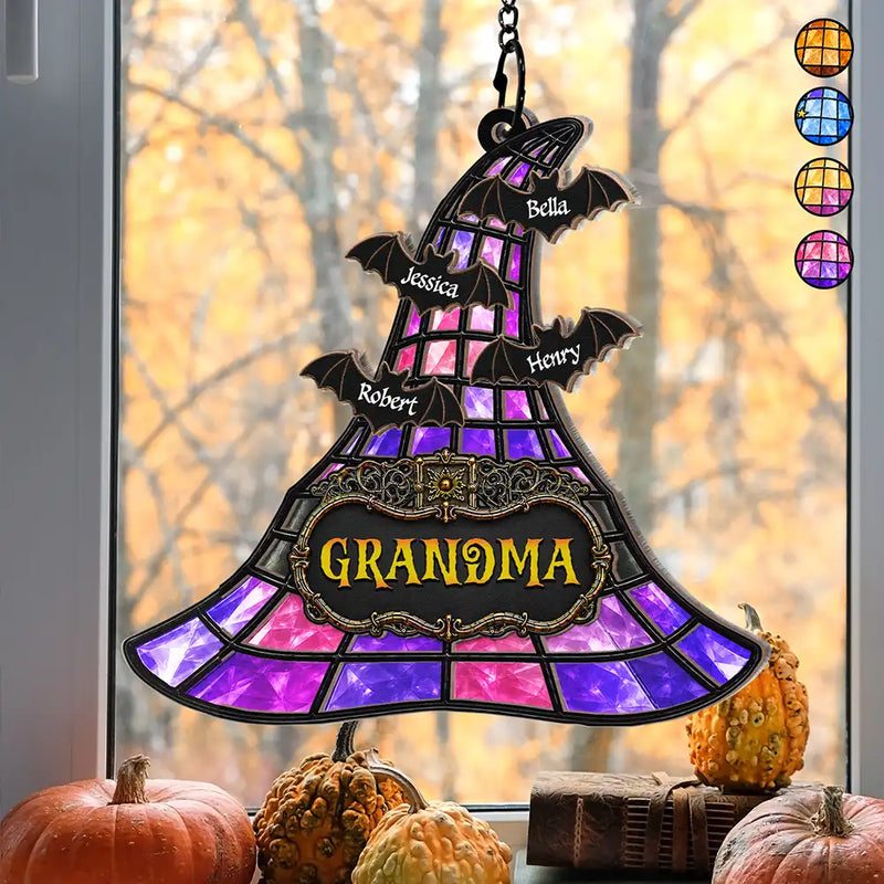 Gift For Grandchildren,Sentimental,Gift For Grandkids,Gift For Grandma,Halloween,Grandma - Grandkids,Icon - Witch Hat Grandma & Grandkids - Personalized Window Hanging Suncatcher Ornament