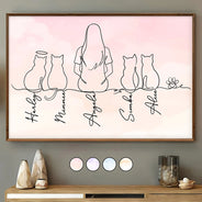 Cat Lovers, Cat Mom, Cat Dad, Pet Lovers, Pet Mom, Pet Dad, Happy - Woman Man Sitting With Cats Line Art - Personalized Poster
