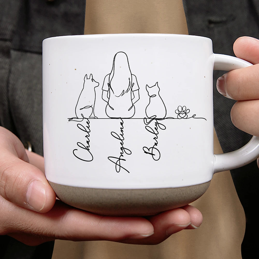 Woman Man Sitting With Dogs Cats Line Art - Personalized Pottery Mug