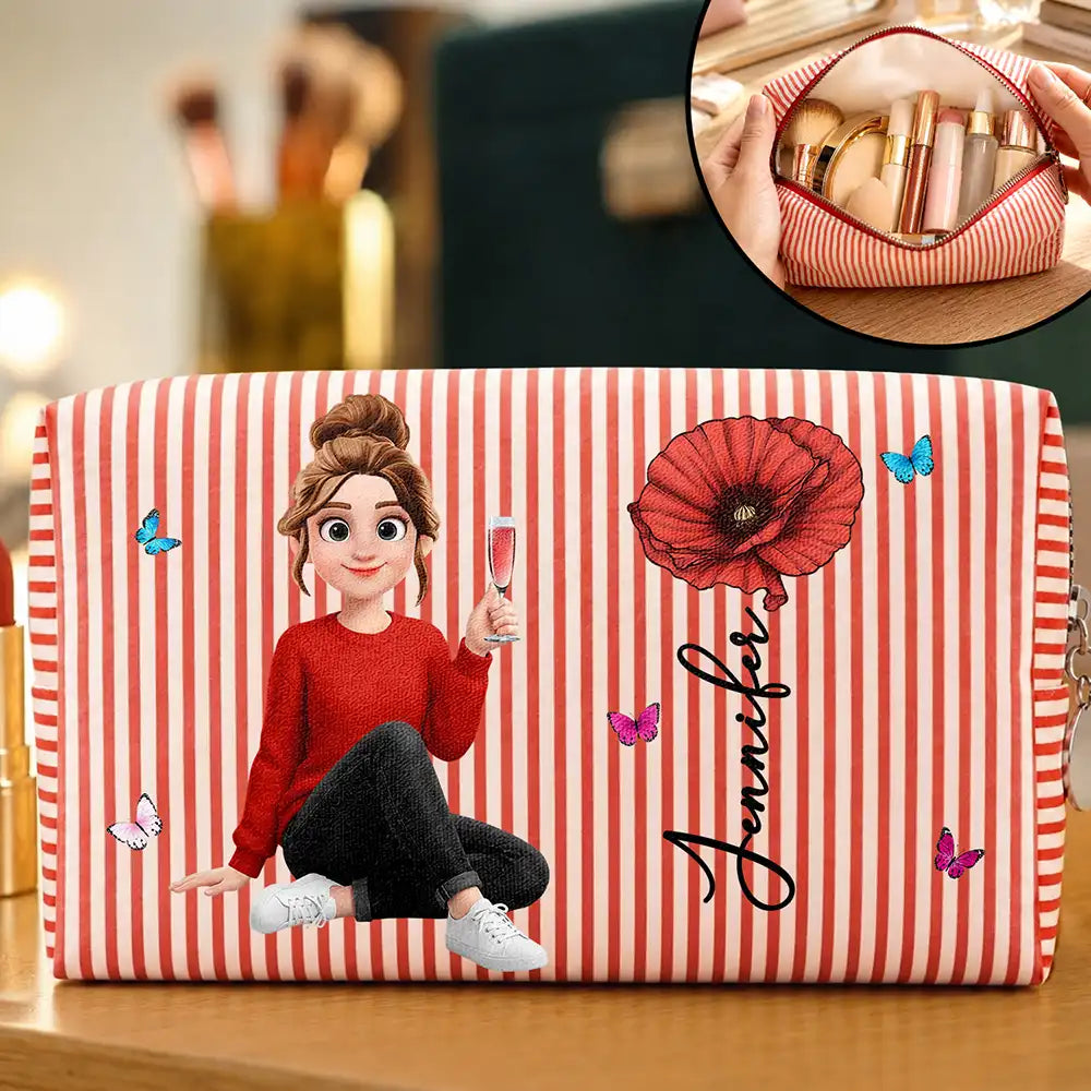 Top Market, Gift For Yourself, Gift For Women, Vector, Happy - Woman Sitting With Birth Month Flower - Personalized Striped Cosmetic Bag