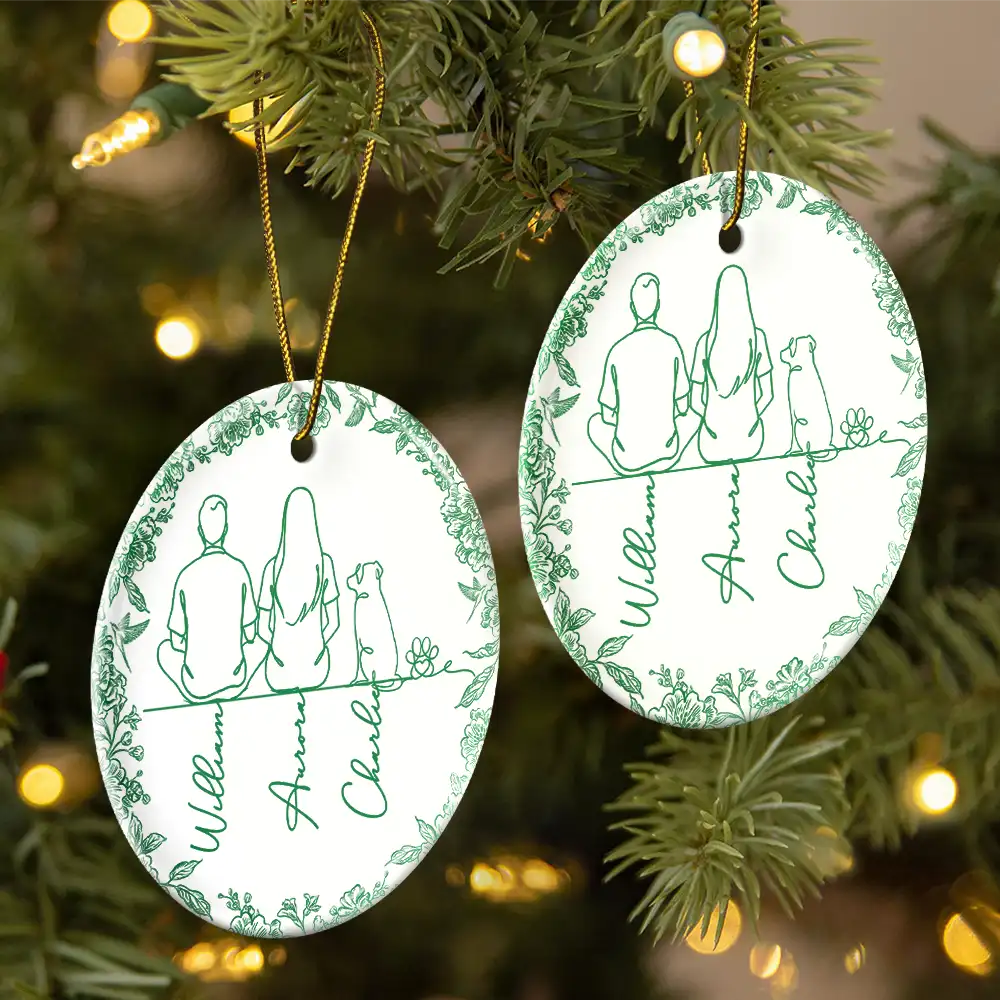 Sentimental,Christmas,Pet Lovers,Memorial,Vector - Woman Sitting With Pets Line Art - Personalized Circle Ceramic Ornament
