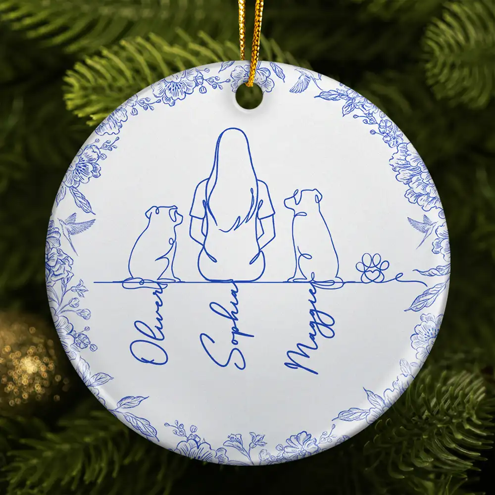 Woman Sitting With Pets Line Art - Personalized Circle Ceramic Ornament