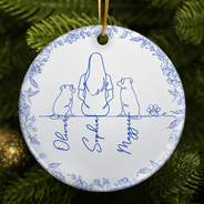 Sentimental,Christmas,Pet Lovers,Memorial,Vector - Woman Sitting With Pets Line Art - Personalized Circle Ceramic Ornament