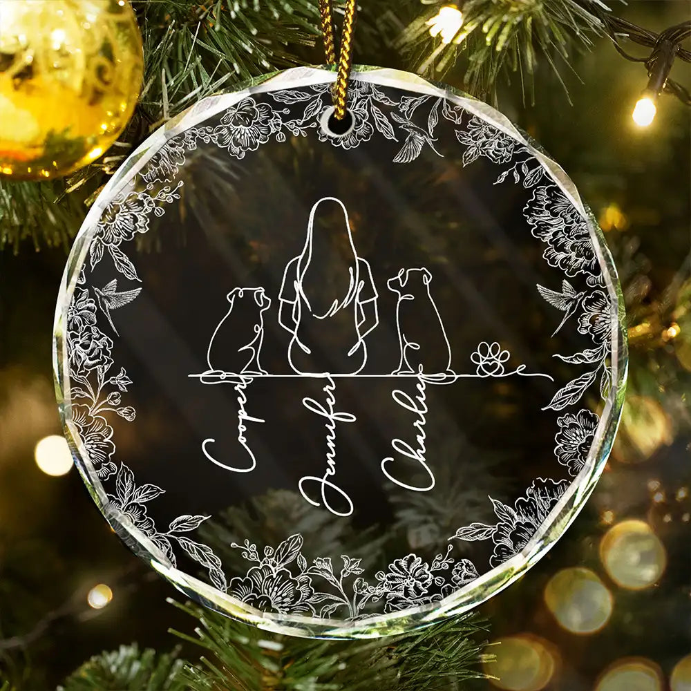 Woman Sitting With Pets Line Art - Personalized Circle Glass Ornament