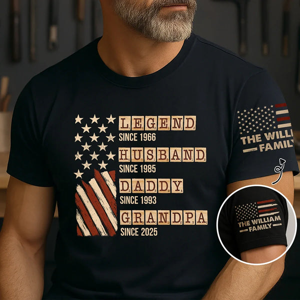 Gift For Father,Gift For Grandpa,Funny - Word Game Legend Husband Dad Papa Stars And Stripes Flag - Personalized T Shirt