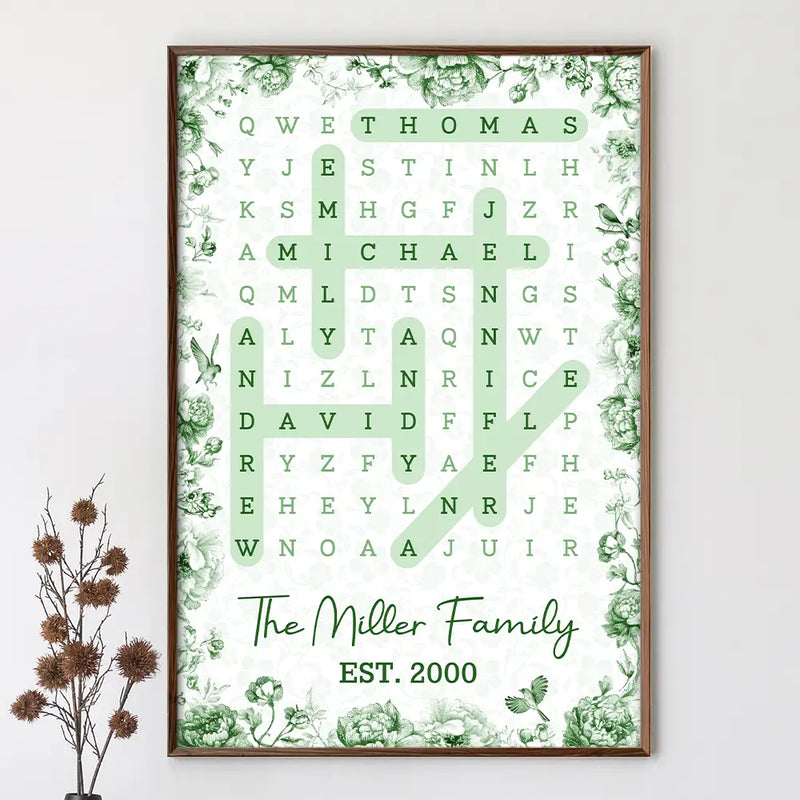 Family,Single Mom,Single Dad,LGBT,Pet Couple,Gift For Women,Gift For Men,Gift For Mother,Gift For Father,Gift For Grandparents,Happy - Word Search Puzzle Our Family Toile De Jouy - Personalized Poster