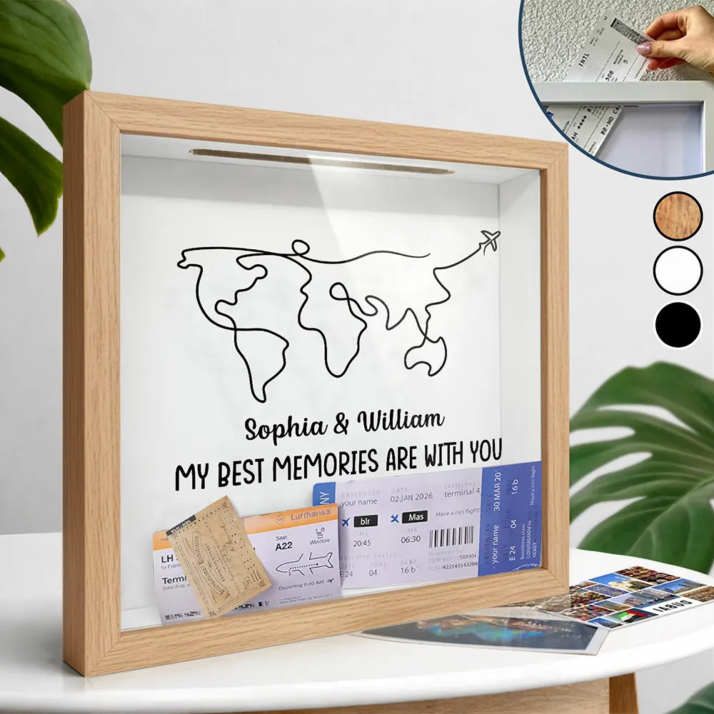 Gift For Husband, Gift For Wife, Gift For Boyfriend, Gift For Girlfriend, Travel, Happy, Gift For Couples - World Map Line Travel Best Memories Are With You - Personalized Ticket Memory Box