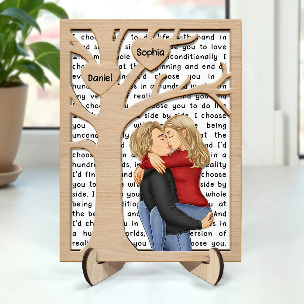 Kissing Couple Tree Of Heart I Choose You - Personalized 2-Layered Wooden Plaque With Stand