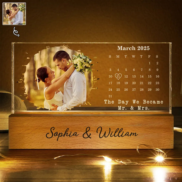 Love,Anniversary,Wedding Anniversary,Gift For Couples,Engaged,Married  - Custom Photo Calendar The Day We Became Mr & Mrs Couple Married Engaged Wedding Gift - Personalized Rectangle LED Light