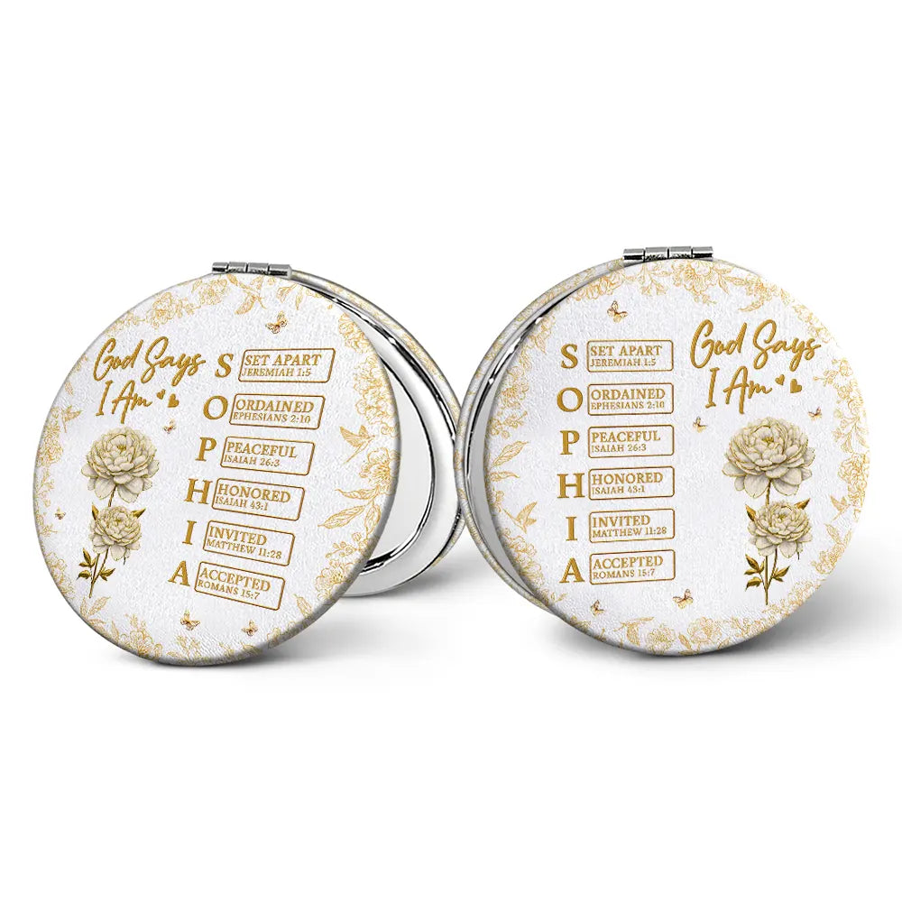 Gift For Yourself,Gift For Women,Happy,Gift For Men - God Says I Am Birth Flower 3D Effect Name Letter In Bible - Personalized Circle Compact Mirror