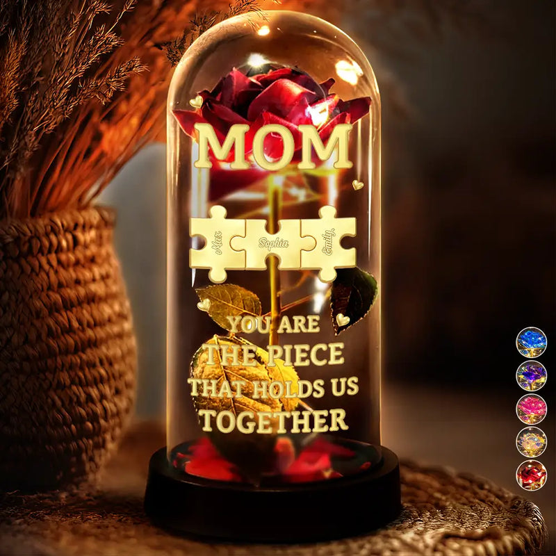 Gift For Mother,Gift For Grandma - 3D Metal Effect Mom You Are The Piece That Holds Us Together - Personalized Everlasting Rose Dome Lamp