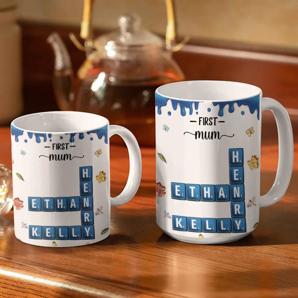 Family,Gift For Mother,Gift For Wife,Gift For Women,Happy,Gift For Grandma - Crossword Scrabble Name First Mom Now Grandma 3D Inflated Effect - Personalized White Edge-to-Edge Mug