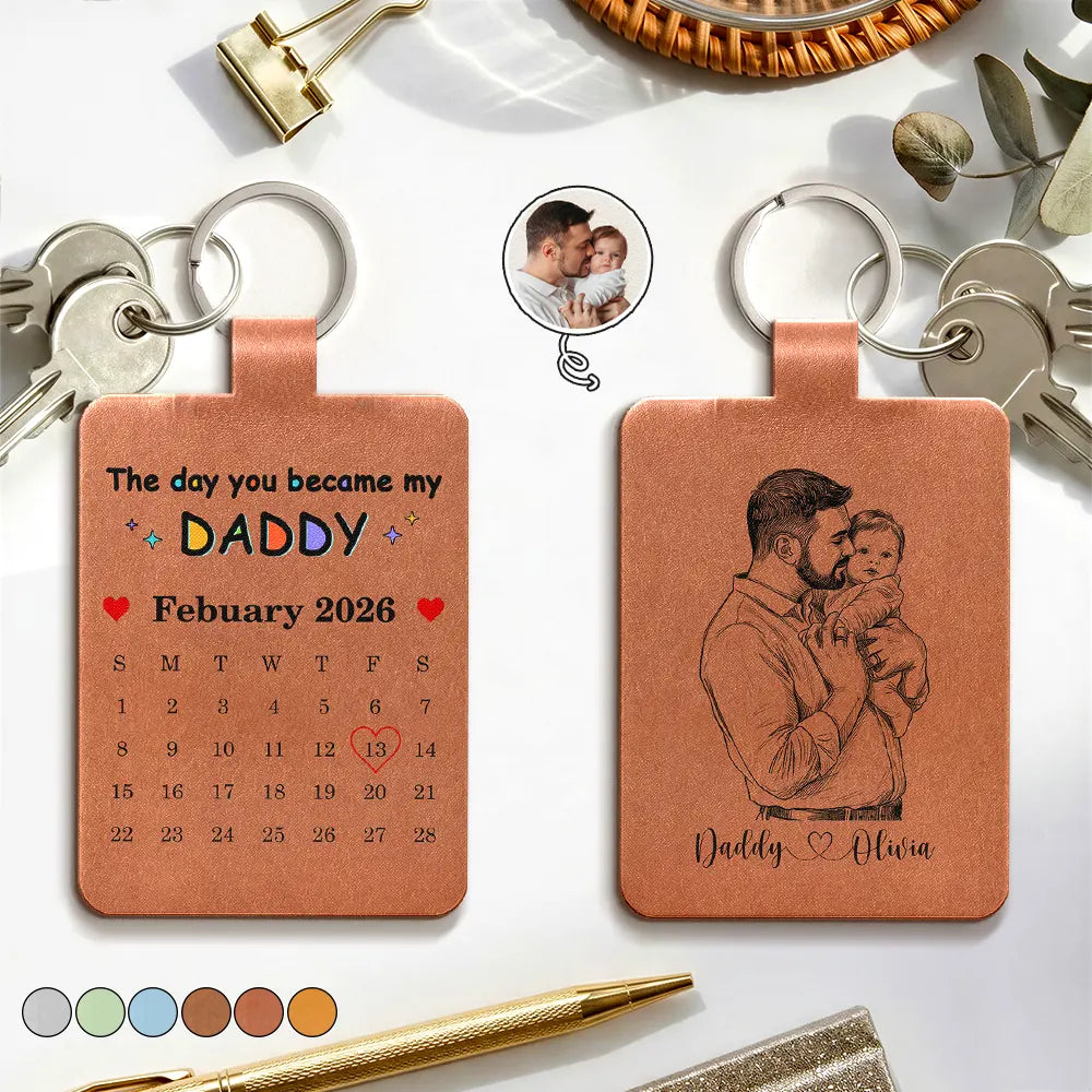 New Dad,New Mom,Gift For Father,Gift For Mother,Happy,Non-Eng,Photo - Pencil Sketch,Calendar,Sentimental - Custom Photo Pencil Sketch Calendar The Day You Became My Daddy Mommy - Personalized Custom Shaped Leather Keychain