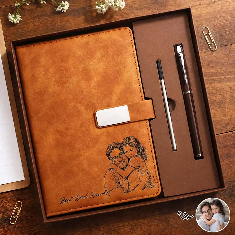 Custom Photo Bold Sketch Best Dad Grandpa Ever Family Portrait - Personalized Leather Notebook Set
