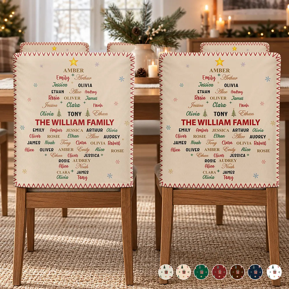 Christmas,Family,Custom Text,Happy - Family Name Tree Bell Star Shape Christmas Table Decor - Personalized Chair Back Cover
