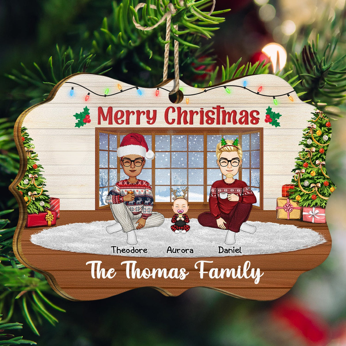 Merry Christmas Lovely Family - Gift For Parents - Personalized Medallion Wooden Ornament