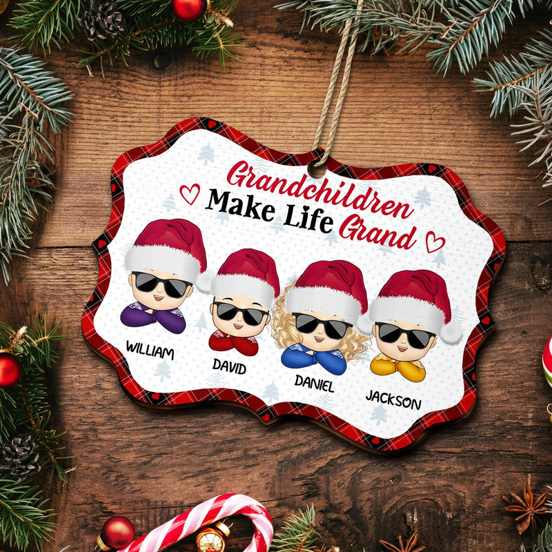 Grandchildren Make Life Grand - Christmas, Loving Gift For Grandpa, Grandma, Grandparents - Personalized Medallion Wooden Ornament