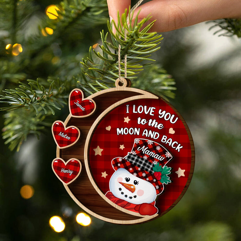 Love You To The Moon And Back Snowman - Christmas, Loving Gift For Grandpa, Grandma, Grandparents - Personalized 2-Layered Wooden Ornament