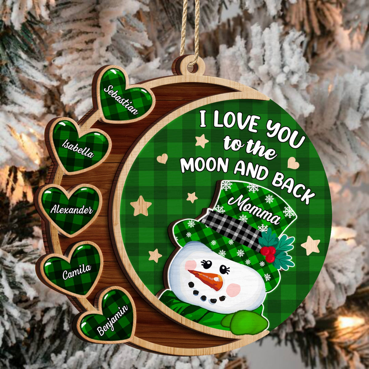 Love You To The Moon And Back Snowman - Christmas, Loving Gift For Grandpa, Grandma, Grandparents - Personalized 2-Layered Wooden Ornament