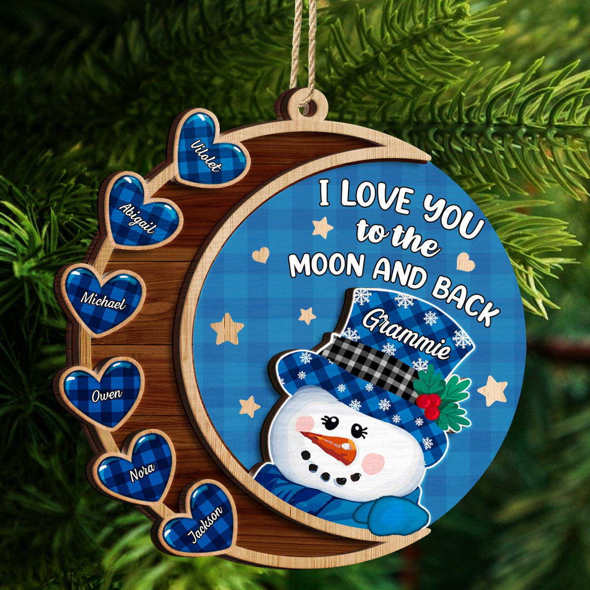 Love You To The Moon And Back Snowman - Christmas, Loving Gift For Grandpa, Grandma, Grandparents - Personalized 2-Layered Wooden Ornament
