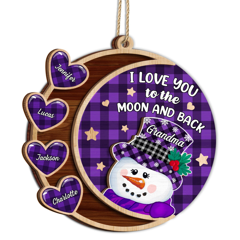 Love You To The Moon And Back Snowman - Christmas, Loving Gift For Grandpa, Grandma, Grandparents - Personalized 2-Layered Wooden Ornament