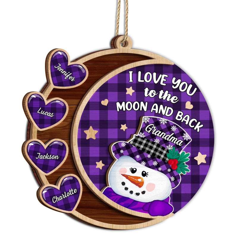 Love You To The Moon And Back Snowman - Christmas, Loving Gift For Grandpa, Grandma, Grandparents - Personalized 2-Layered Wooden Ornament