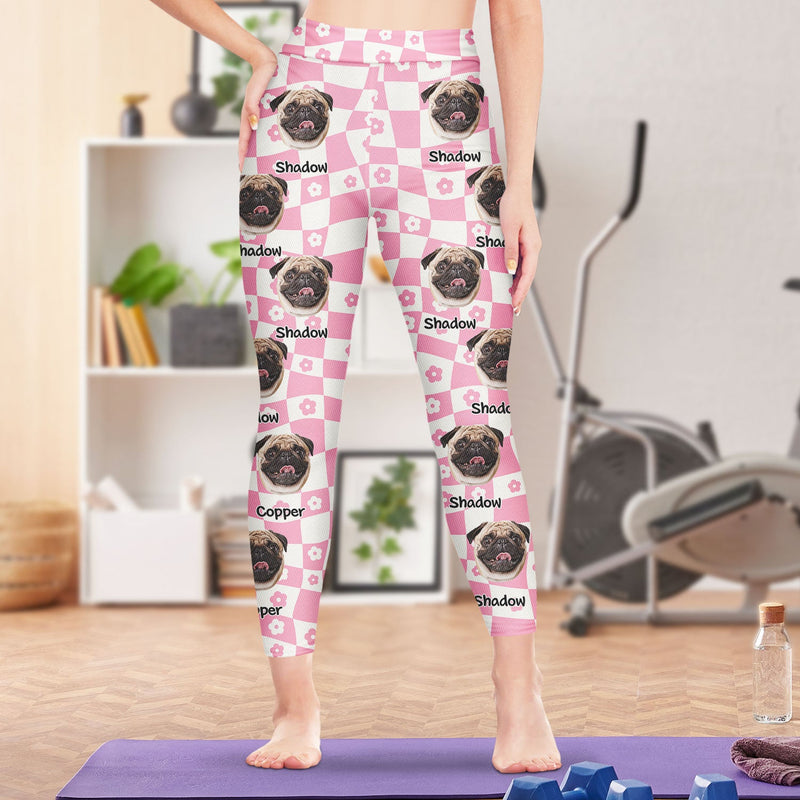 Custom Photo Pet Face Flower Checkered Pattern - Birthday, Funny Gift For Dog Mom, Cat Lover - Personalized Leggings