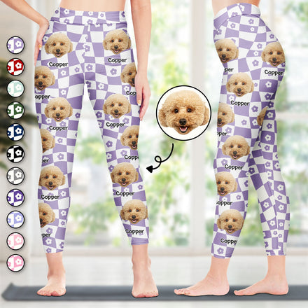 Custom Photo Pet Face Flower Checkered Pattern - Birthday, Funny Gift For Dog Mom, Cat Lover - Personalized Leggings