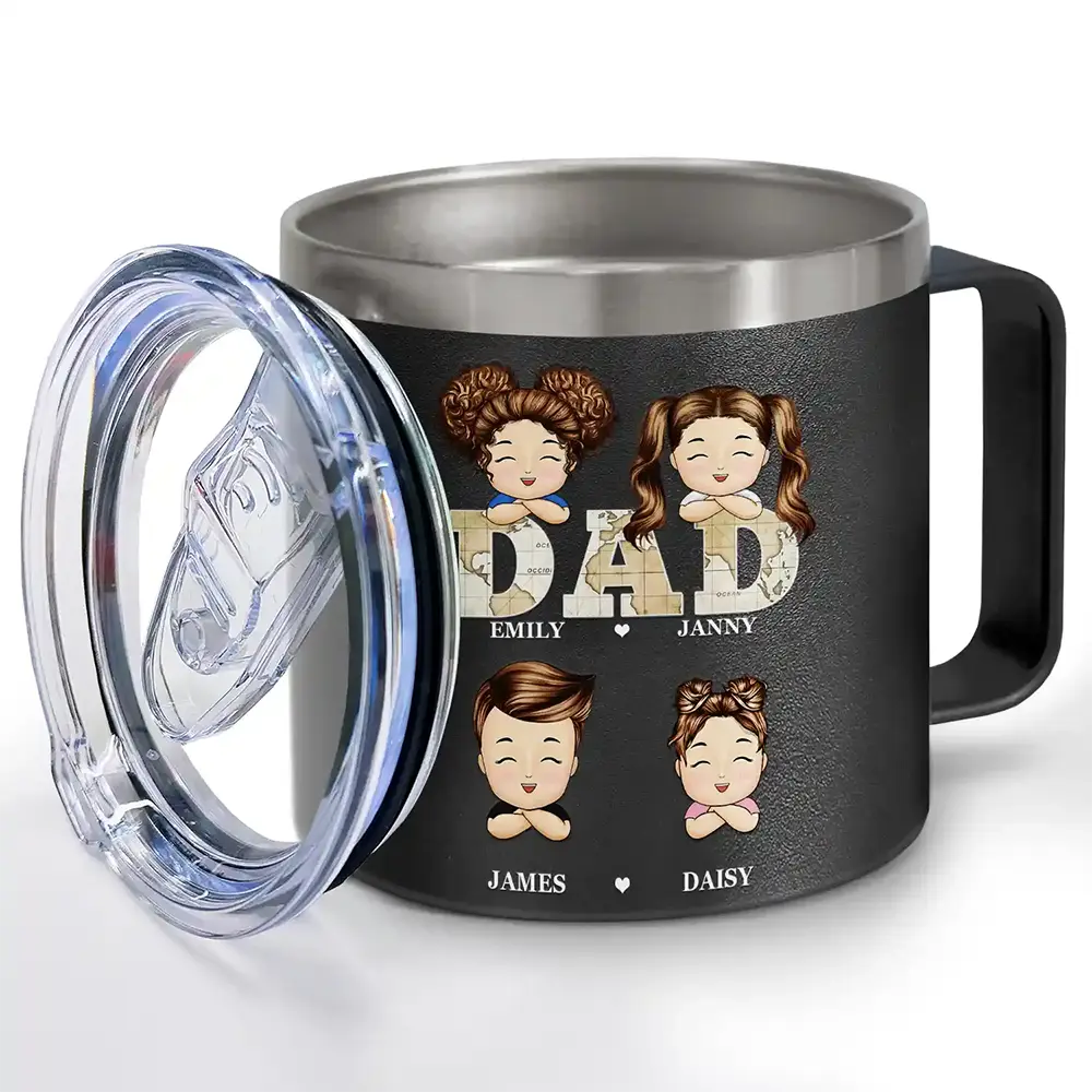 Vintage Map Papa Daddy Grandpa - Personalized 14oz Stainless Steel Tumbler With Handle