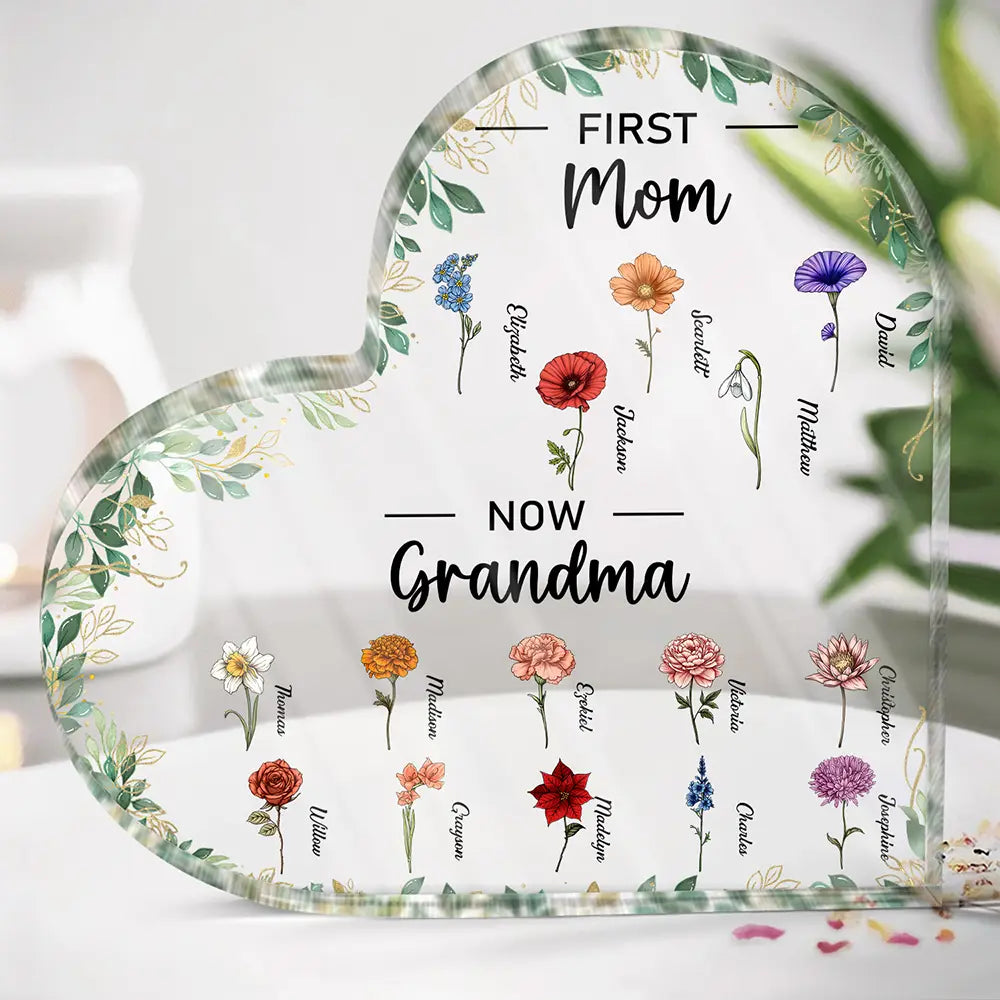 First Mom Now Grandma - Personalized Heart Shaped Acrylic Plaque