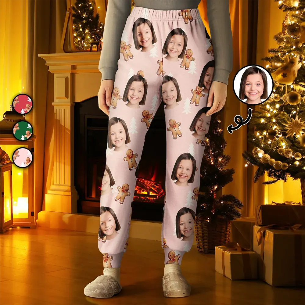 Custom Photo Human Pets Face Gingerbread Pattern - Personalized Sweatpants