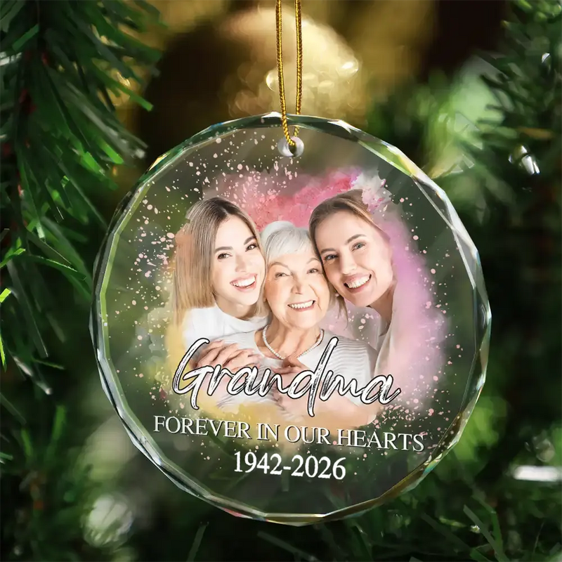 Custom Photo Memorial Forever Our My Hearts - Personalized Circle Glass Ornament