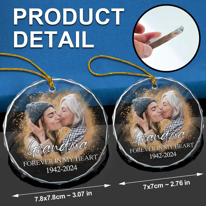 Memorial, Gift For Grandma, Gift For Grandpa, Gift For Grandparents, Parents -Custom Photo Memorial Forever Our My Hearts - Personalized Circle Glass Ornament