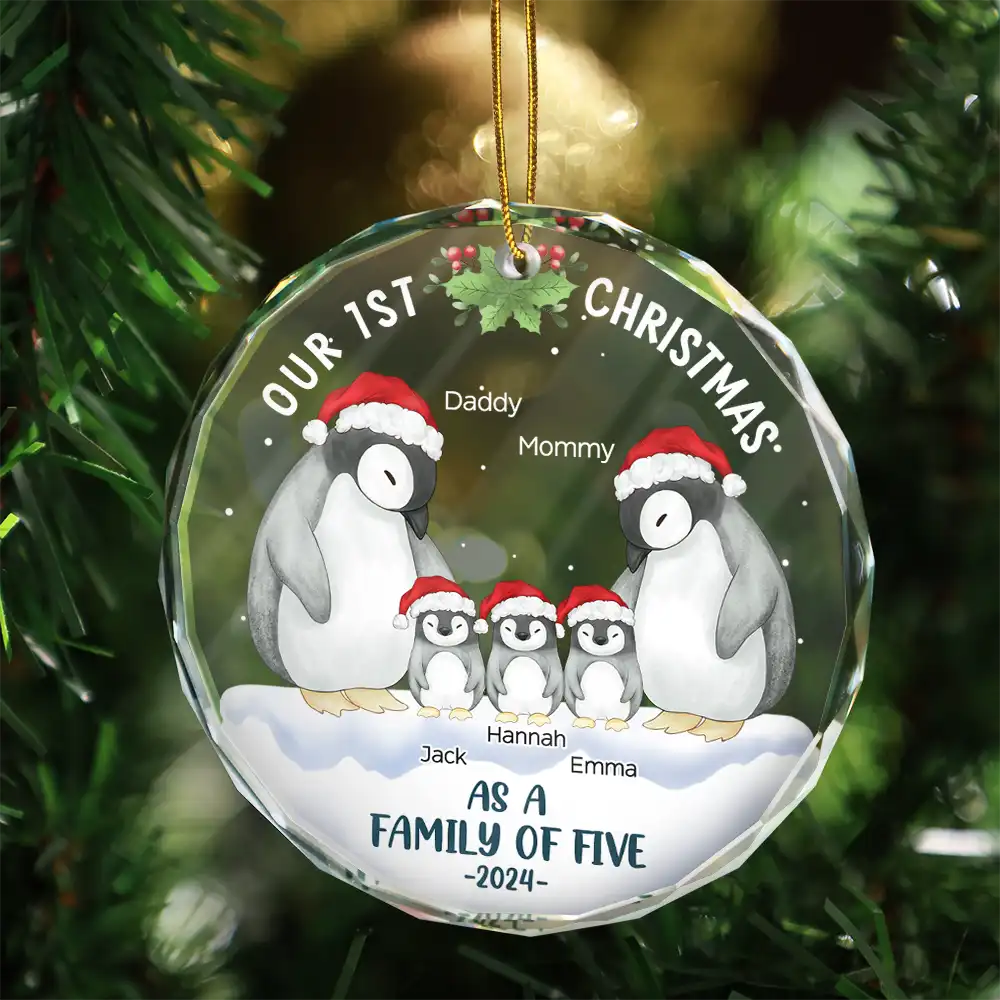 Christmas,Happy,Family,Parents - First Christmas As A Family Of Three Penguin - Personalized Circle Glass Ornament