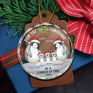 Christmas,Happy,Family,Parents - First Christmas As A Family Of Three Penguin - Personalized Circle Glass Ornament